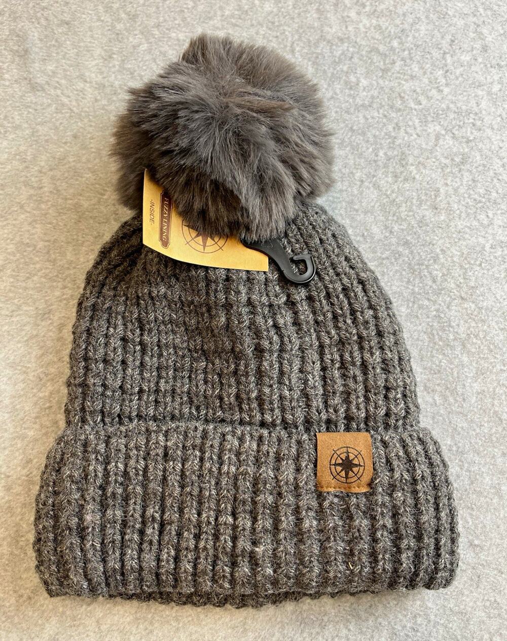 Womenโs Gray Knit Beanie Hat Pompom Logo Accent Solid 100% Acrylic One Size